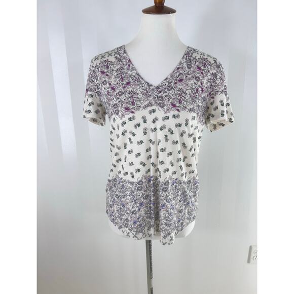 LOFT Multicolor V Neck Multicolor Floral Print Short Sleeve Top - Picture 1 of 8